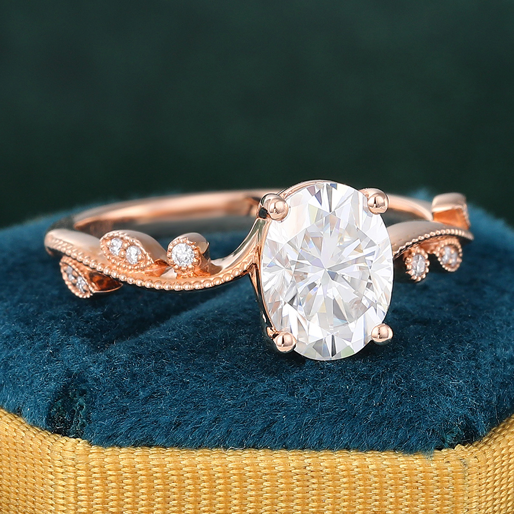 Juyoyo Vintage Oval Moissanite Engagement Ring Wave Diamond Wedding Ring in 14K Rose Gold