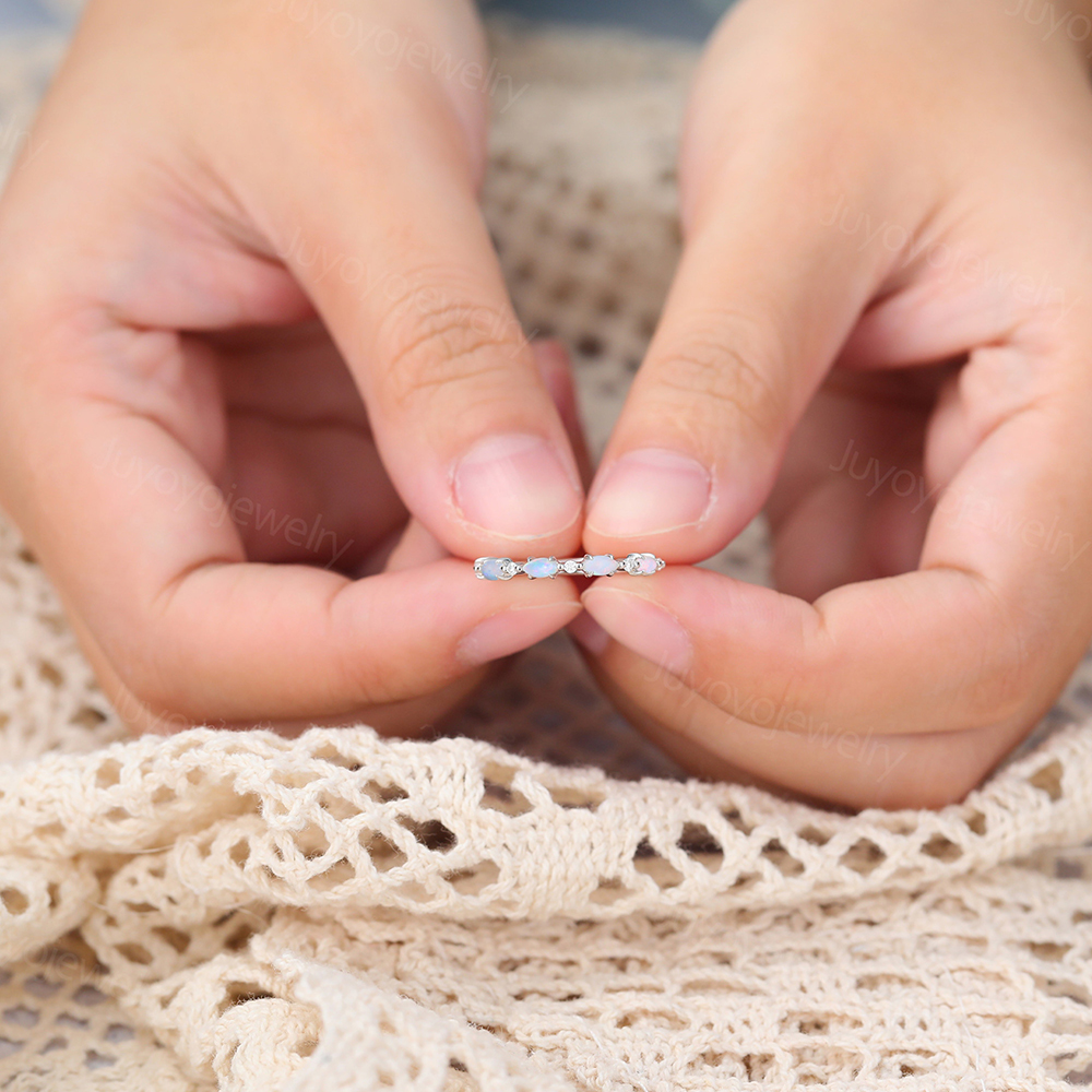 Juyoyo Marquise Cut Opal Half Eternity Wedding Band White Gold Stackable Ring October Birthstone