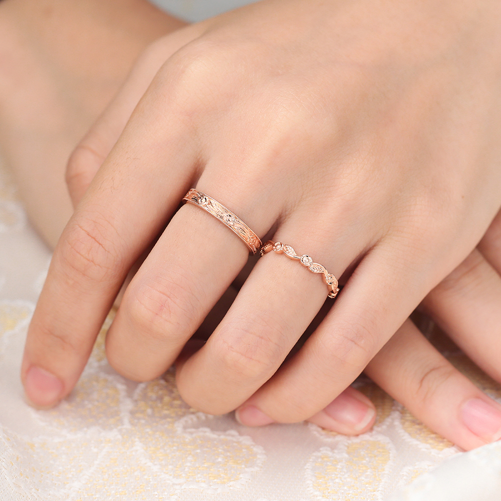 Juyoyo Vintage Rose Gold Double Wedding Band Foliage Stacking Anniversary Rings for Women - 2pcs