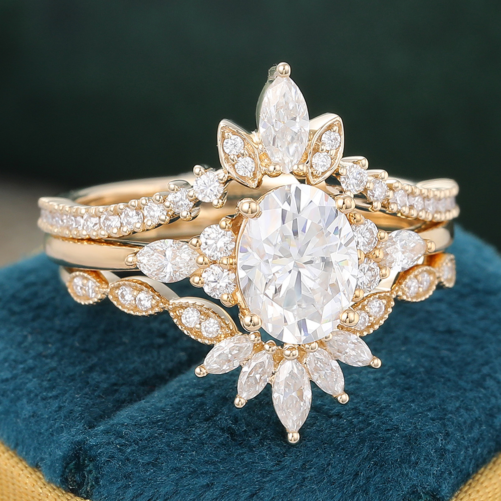 Juyoyo Luxury Oval Cut Moissanite Bridal Ring Set 14K Gold Diamond Milgrain Wedding Ring Set - 3pcs