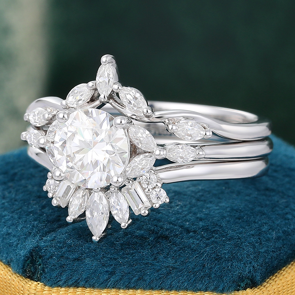 Juyoyo Moissanite Wedding Ring Set Diamond Cluster Bridal Ring Set in White Gold - 3pcs