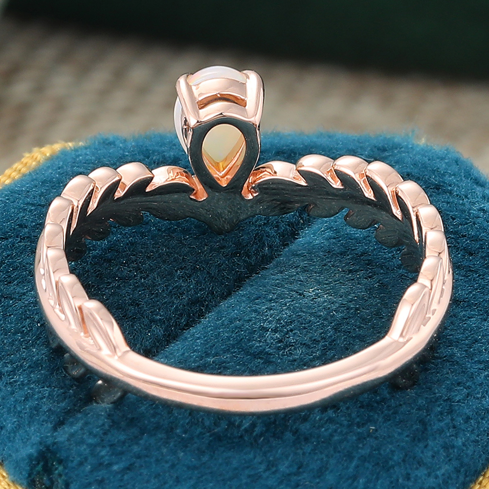 Juyoyo Signature V Teardrop Opal Leaf Inspired Engagement Ring with Diamond Accents