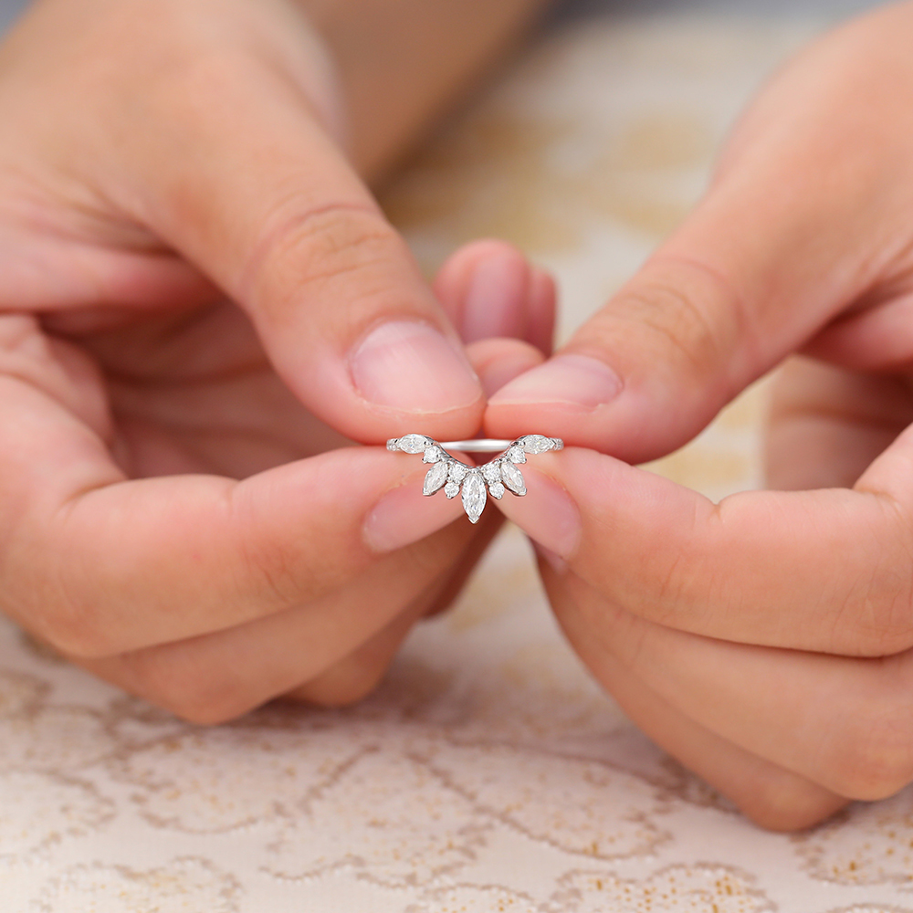 Juyoyo Marquise & Round Cut Moissanite Curved Wedding Band Matching Stacking Ring 14K White Gold