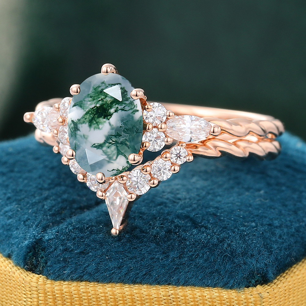 Juyoyo Unique Oval Cut Moss Agate Twisted Engagement Ring Set - 2pcs Bridal Set