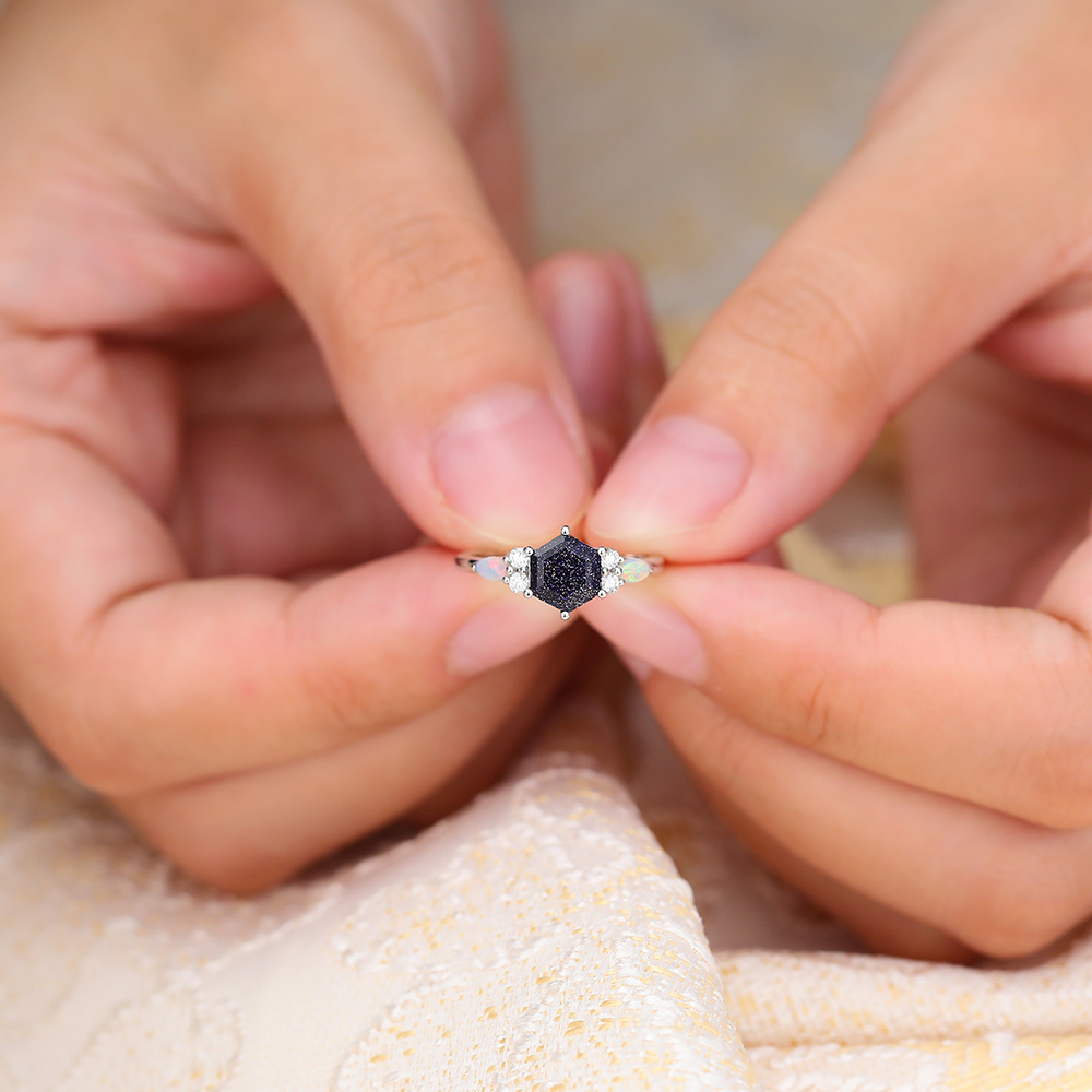 Juyoyo Hexagon Cut Blue Sandstone Engagement Ring Vintage Opal Wedding Ring