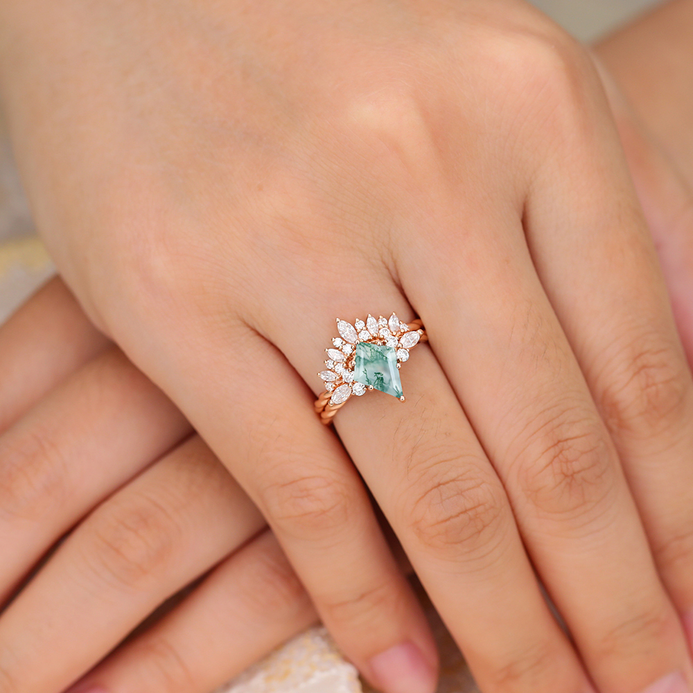 2 Piece Kite Cut Moss Agate & Moissanite Bridal Twisted Ring Set