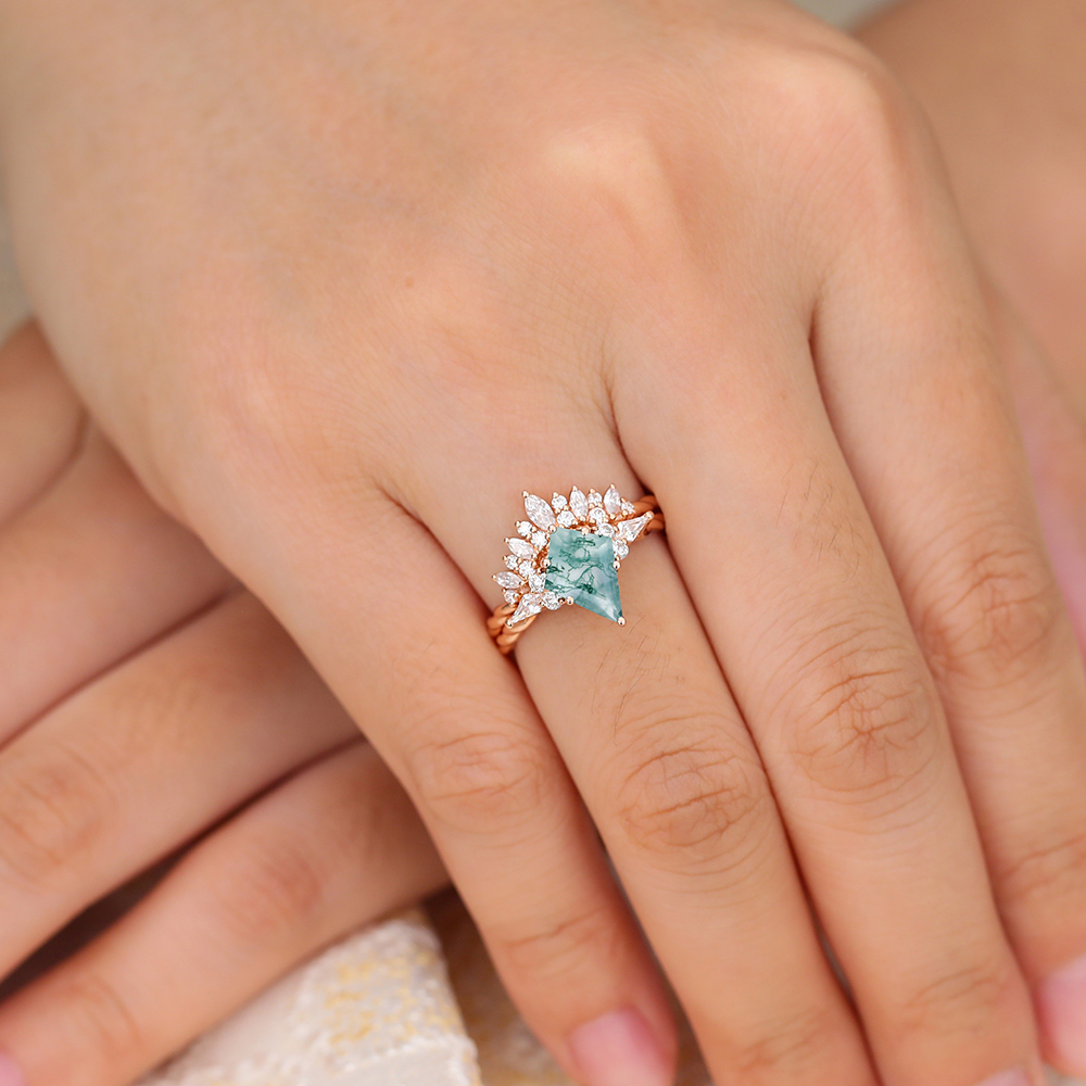 Juyoyo Kite Cut Moss Agate Wedding Ring Set Unique Twisted Engagement Ring Set 14K Rose Gold - 2pcs