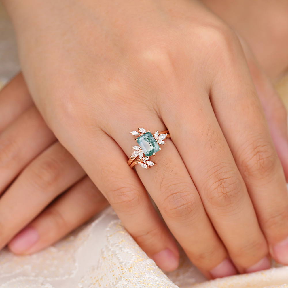 Juyoyo Emerald Cut Moss Agate Twist Engagement Ring with Match Open Ring Enhancer - 2pcs