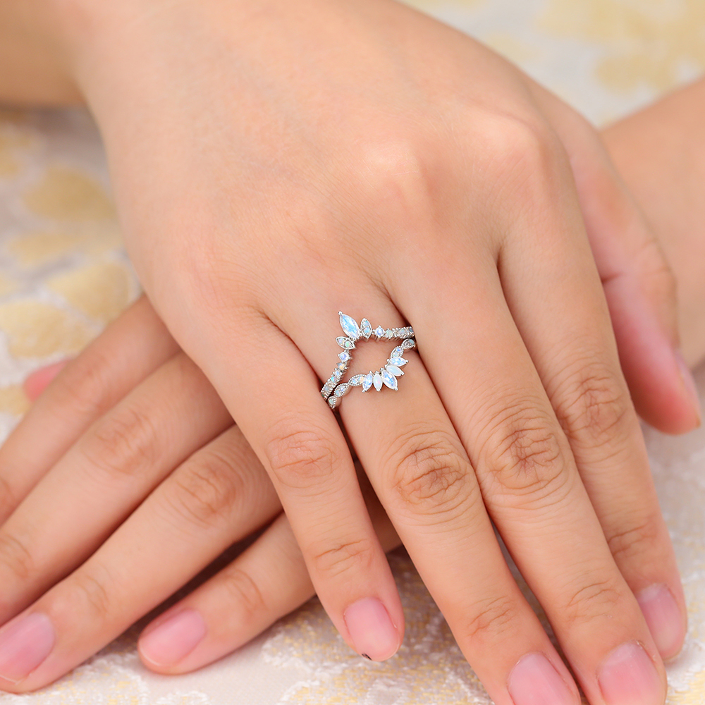 Juyoyo Unique Double Moonstone Crown Wedding Band Curved Stacking Ring - 2pcs