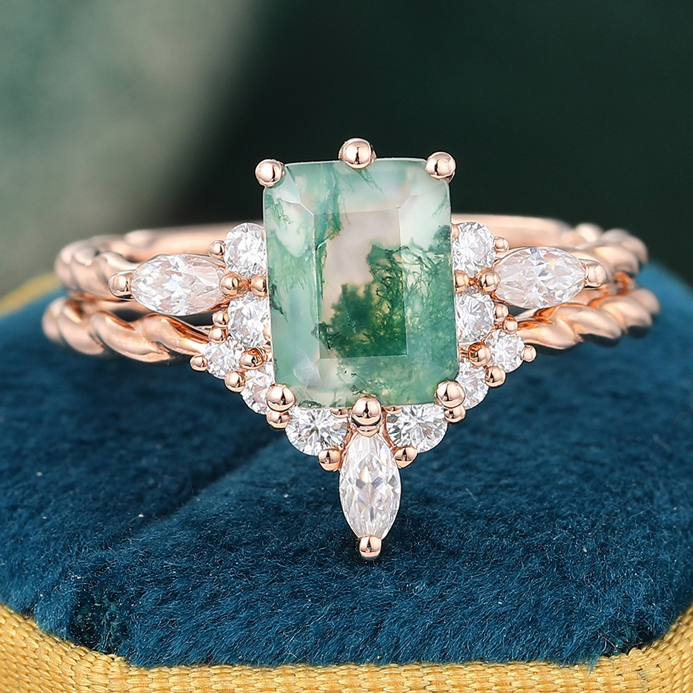 Juyoyo Emerald Cut Moss Agate & Moissanite Accents Ring Set Twisted Engagement Ring - 2pcs