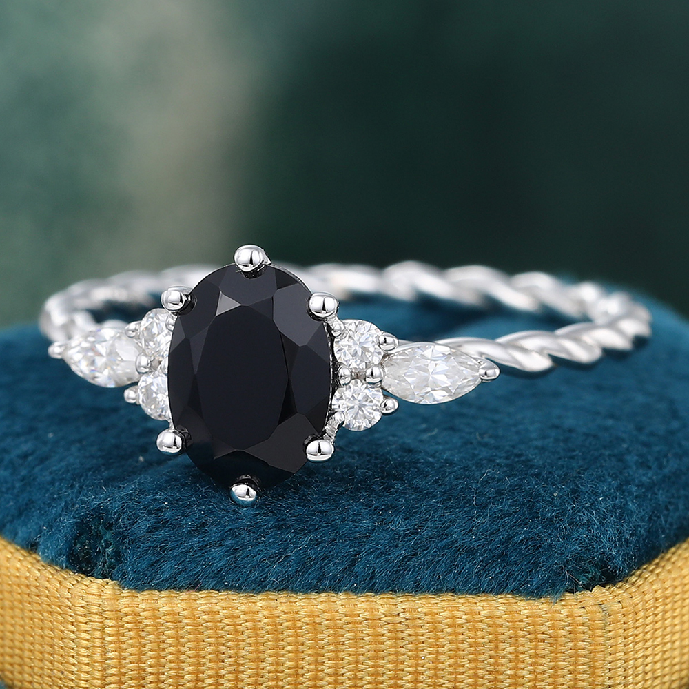 Oval Cut Black Onyx Ring Twisted Engagement Ring with Moissanite Accents in White Gold