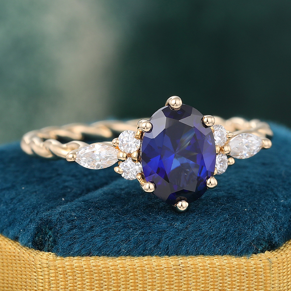 Juyoyo Oval Blue Sapphire Engagement Ring Gold Sapphire Ring Vintage Moissanite Wedding Bridal Ring