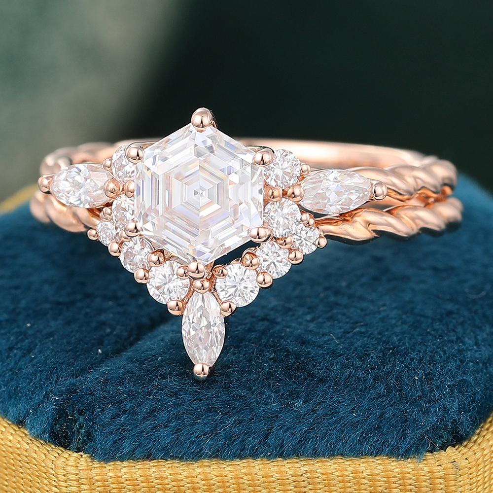 Hexagon Cut Moissanite Twisted Band Engagement Ring Bridal Ring Set - 2pcs