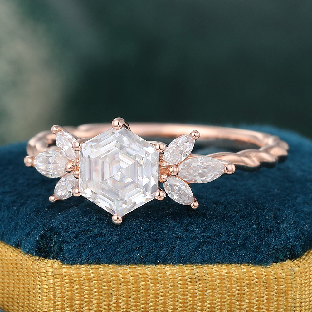 Juyoyo Prong Setting Hexagon Cut Moissanite Twisted Engagement Ring Vintage Rose Gold Bridal Ring