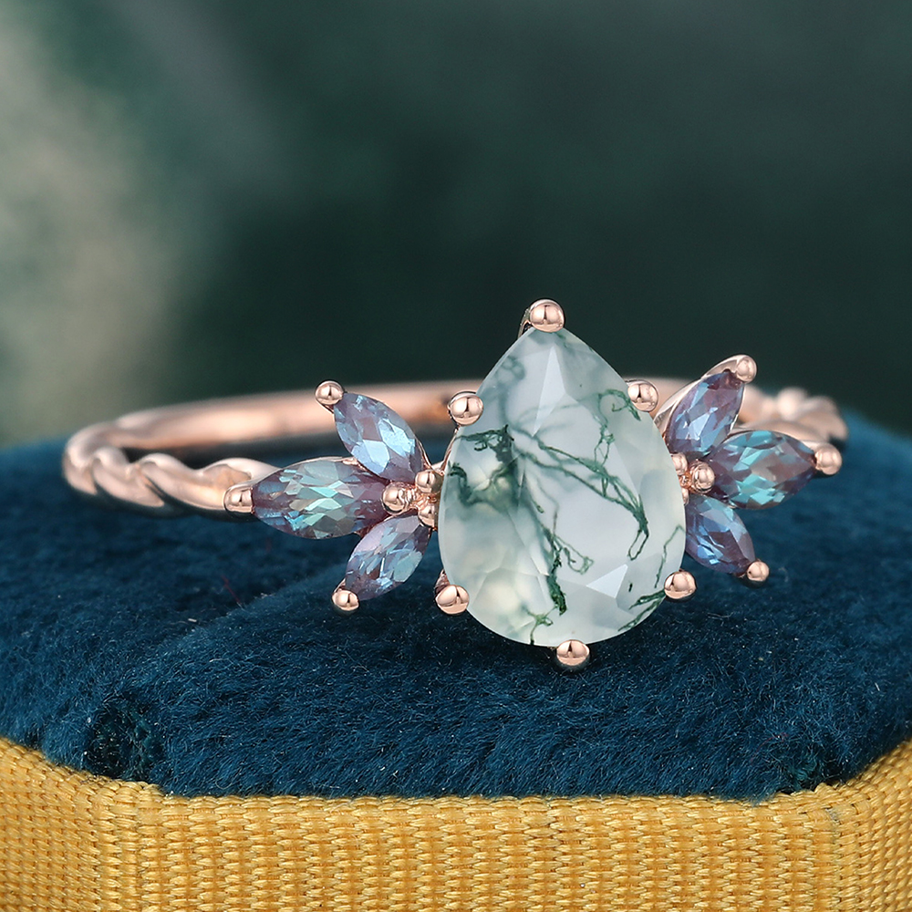 Juyoyo Pear Moss Agate Promise Ring with Alexandrite Accents Twisted Ring