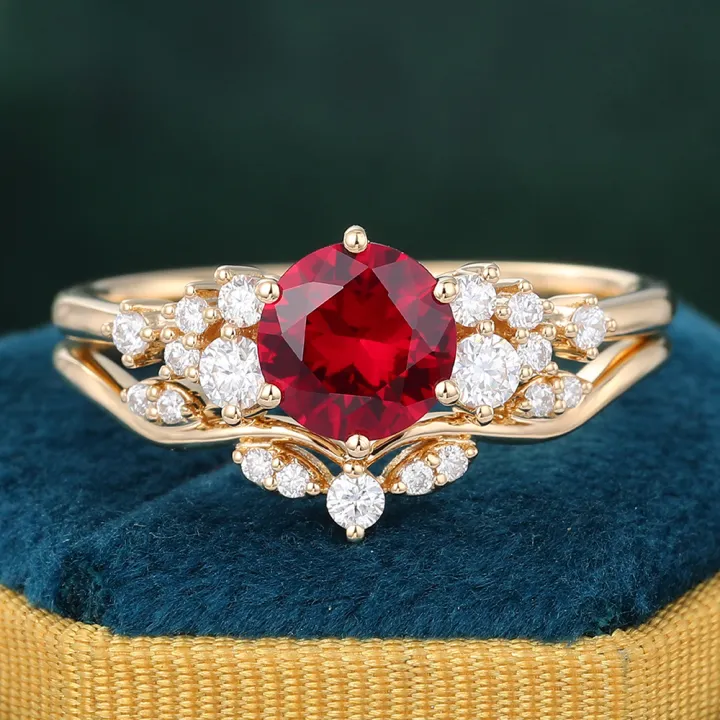 Vintage Ruby & Diamond Engagement Ring Set for Women Yellow Gold Bridal Ring Set - 2pcs