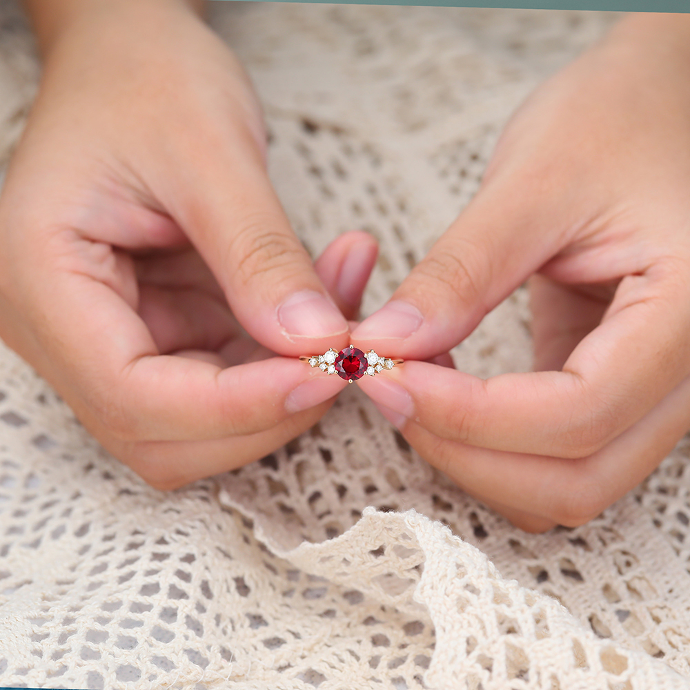 Juyoyo Round Cut Ruby Engagement Ring 14K Gold Diamond Cluster Bridal Ring for Women