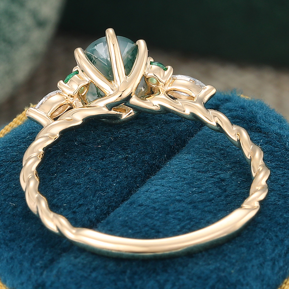 Juyoyo Oval Moss Agate Twisted Engagement Ring with Emerald & Diamond Accents