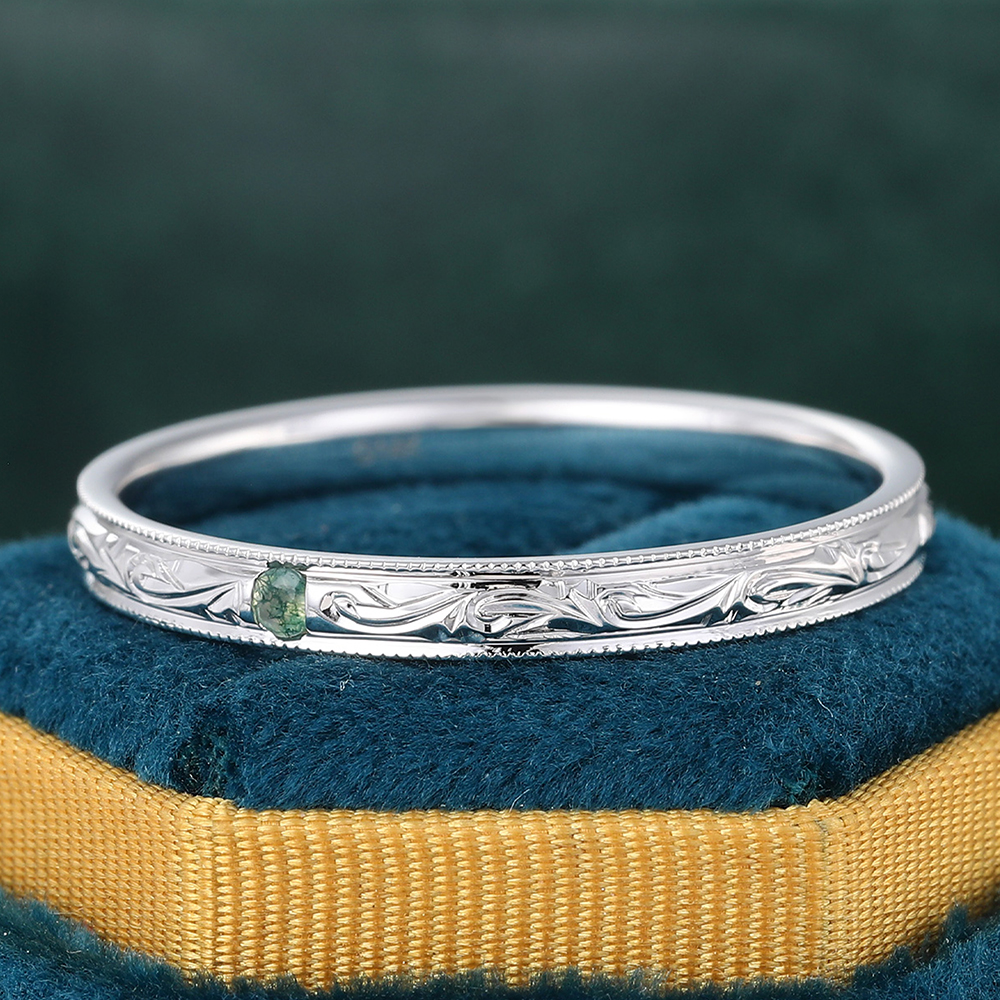 Juyoyo Vintage Scalloped Pav�� Moss Agate Wedding Band Engrave Stacking Ring