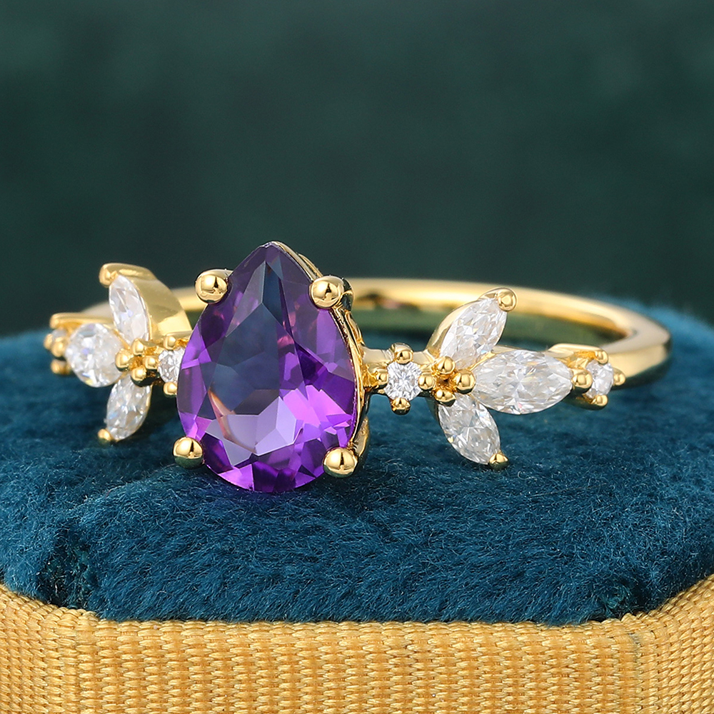 Juyoyo 14K Gold Pear Shaped Purple Amethyst Vintage Leaf Engagement Ring February Birthstone Gift