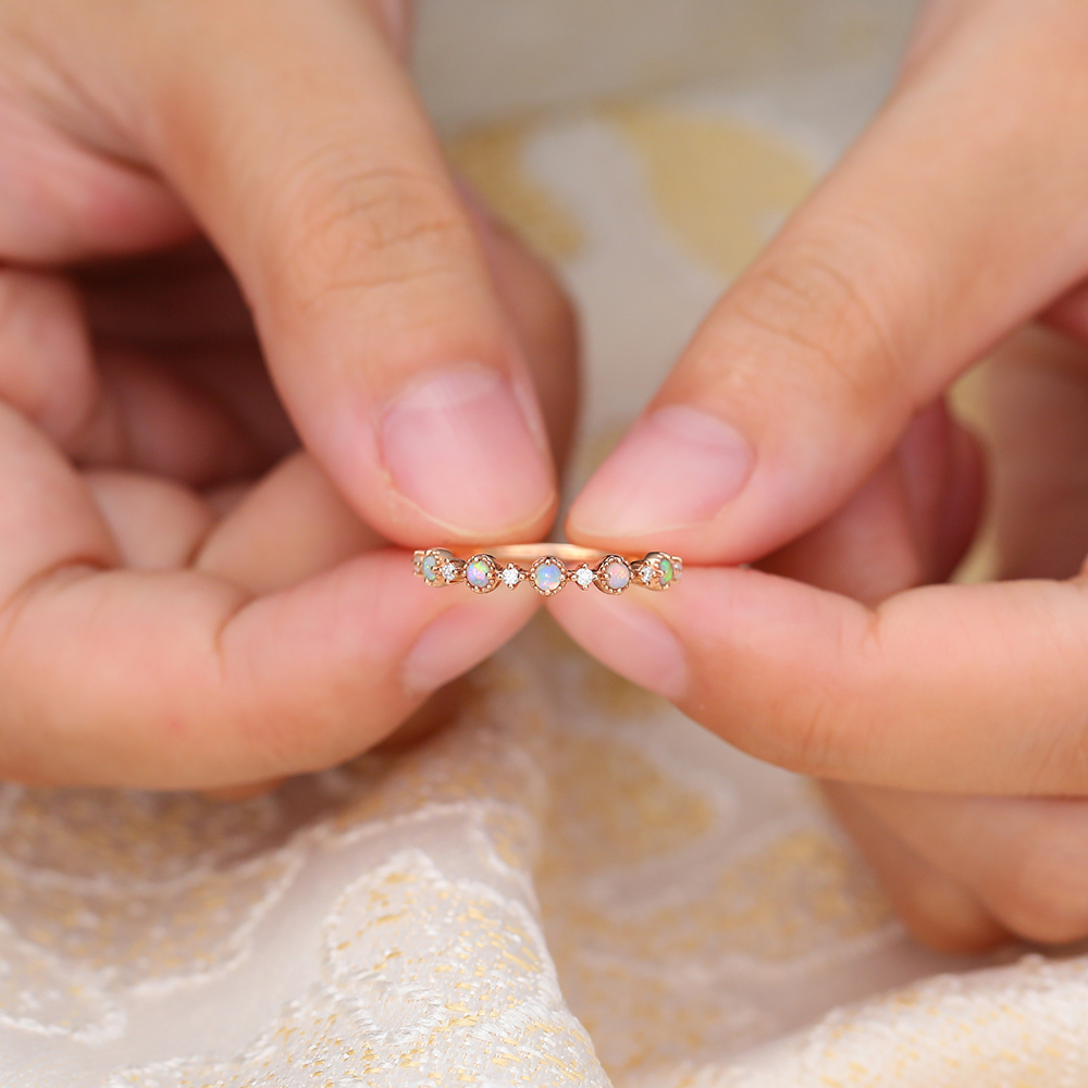 Juyoyo Unique Opal Rose Gold Diamond Designer Ring Anniversary Wedding Band