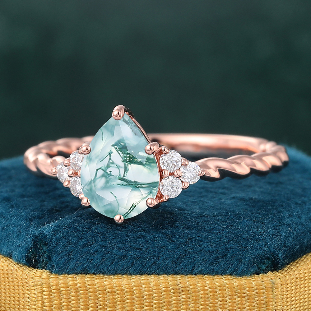 Pear Moss Agate Engagement Ring Twisted Ring with Moissanite Accents