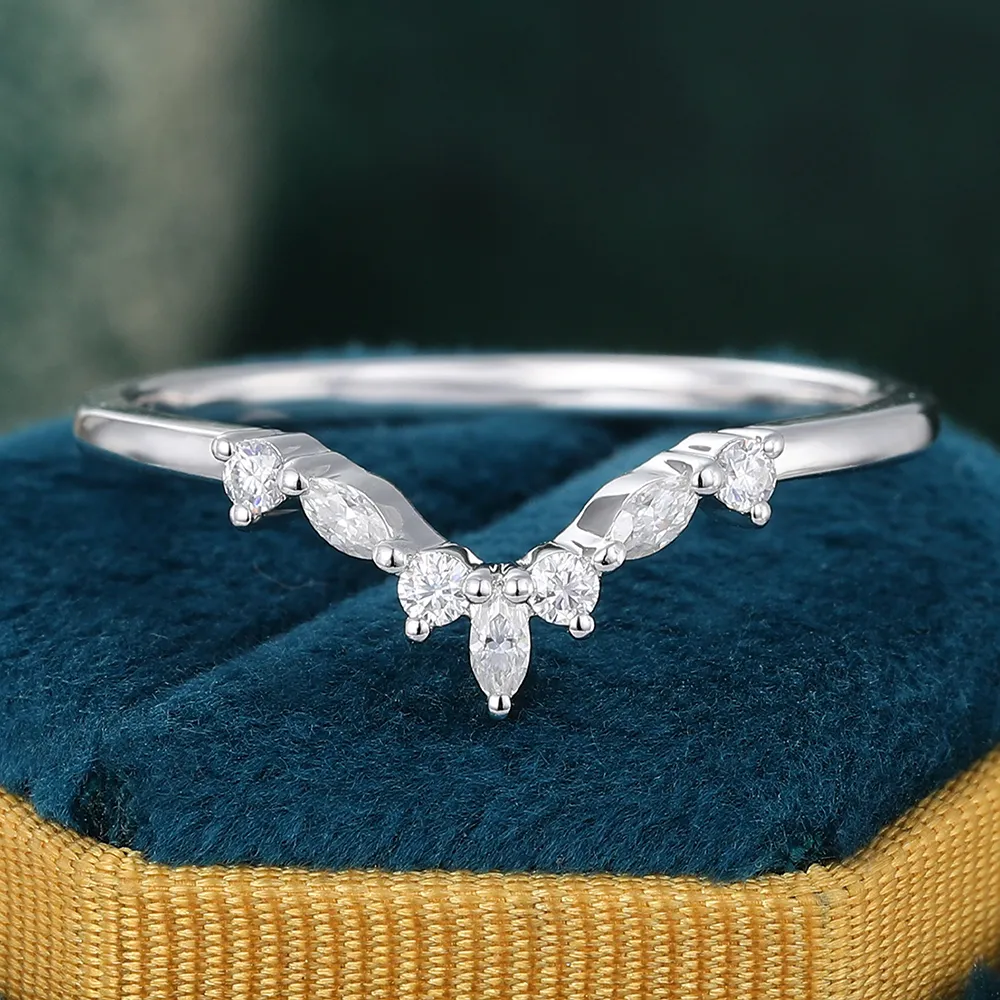 Sterling Silver Moissanite Ring Curved Wedding Band White Gold Stacking Ring for Women