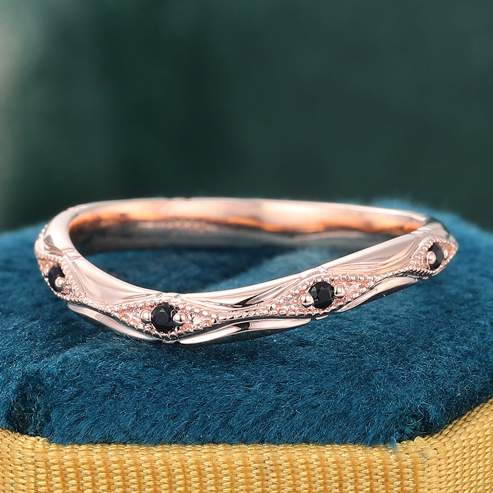 Juyoyo Vintage Black Onyx Wedding Band Rose Gold Stacking Ring for Women & Men