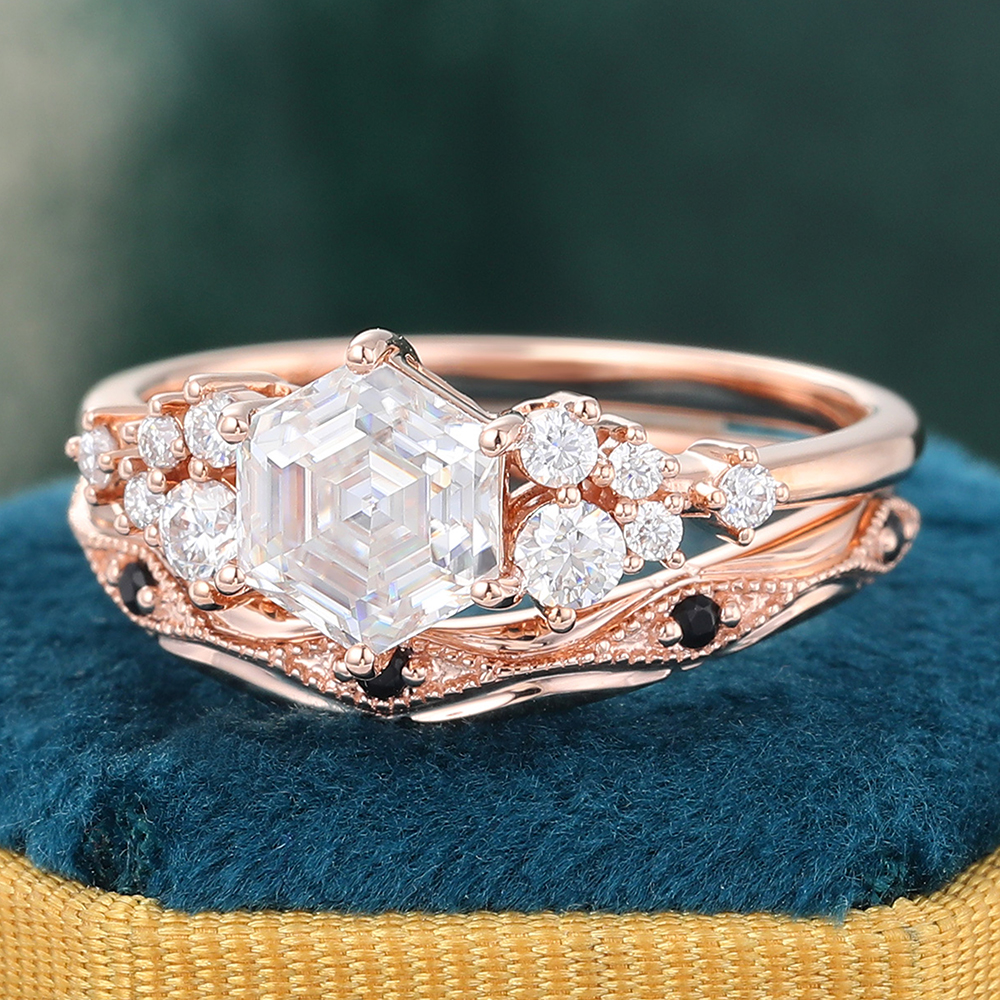 Juyoyo Vintage Moissanite Bridal Ring Set with Black Onyx Wedding Band Set - 2pcs