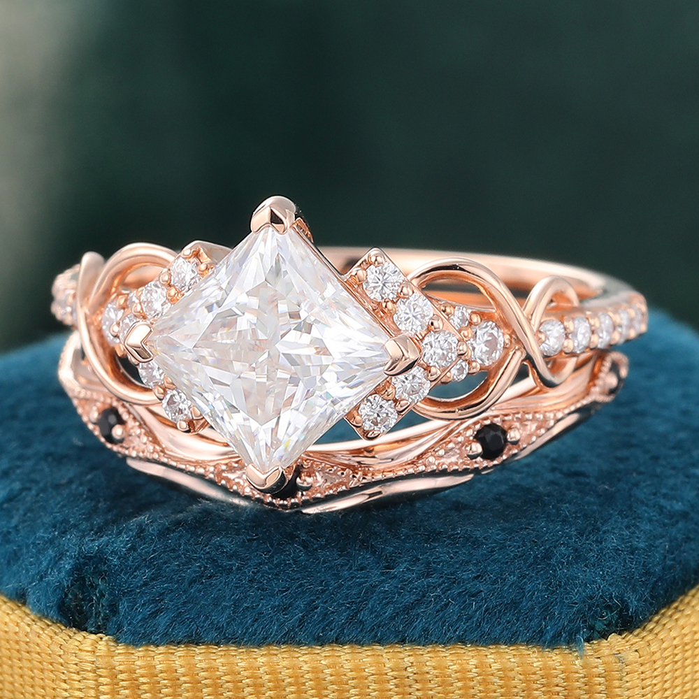 Juyoyo Princess Cut Moissanite Wedding Ring Set with Black Onyx Stacking Ring Set - 2pcs