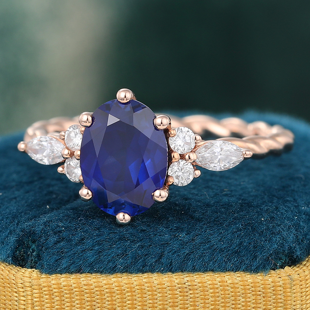 Juyoyo Oval Cut Lab Sapphire Rose Gold Twisted Engagement Ring
