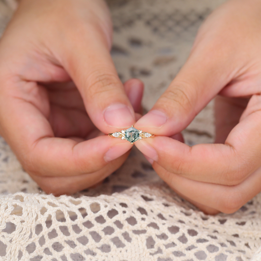Juyoyo Vintage Hexagon Moss Agate Twisted Engagement Ring with Diamond Accents