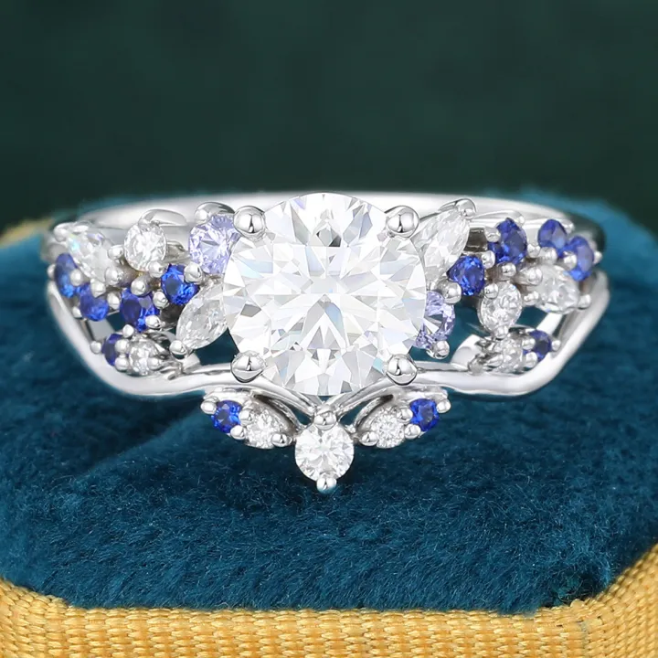 Juyoyo Round Cut Moissanite Bridal Ring Set Sapphire & Tanzanite Accented Engagement Ring