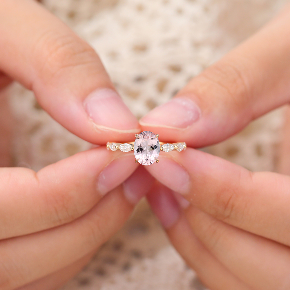 Oval Cut Morganite Engagement Ring with Marquise Moissanite Accents