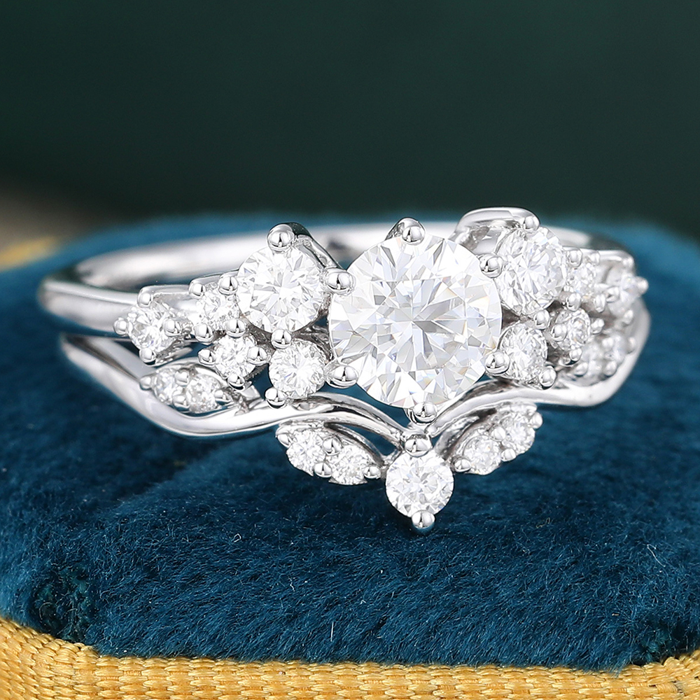 Round Cut Moissanite Engagement Ring Set Vintage Diamond Cluster Wedding Ring Set White Gold