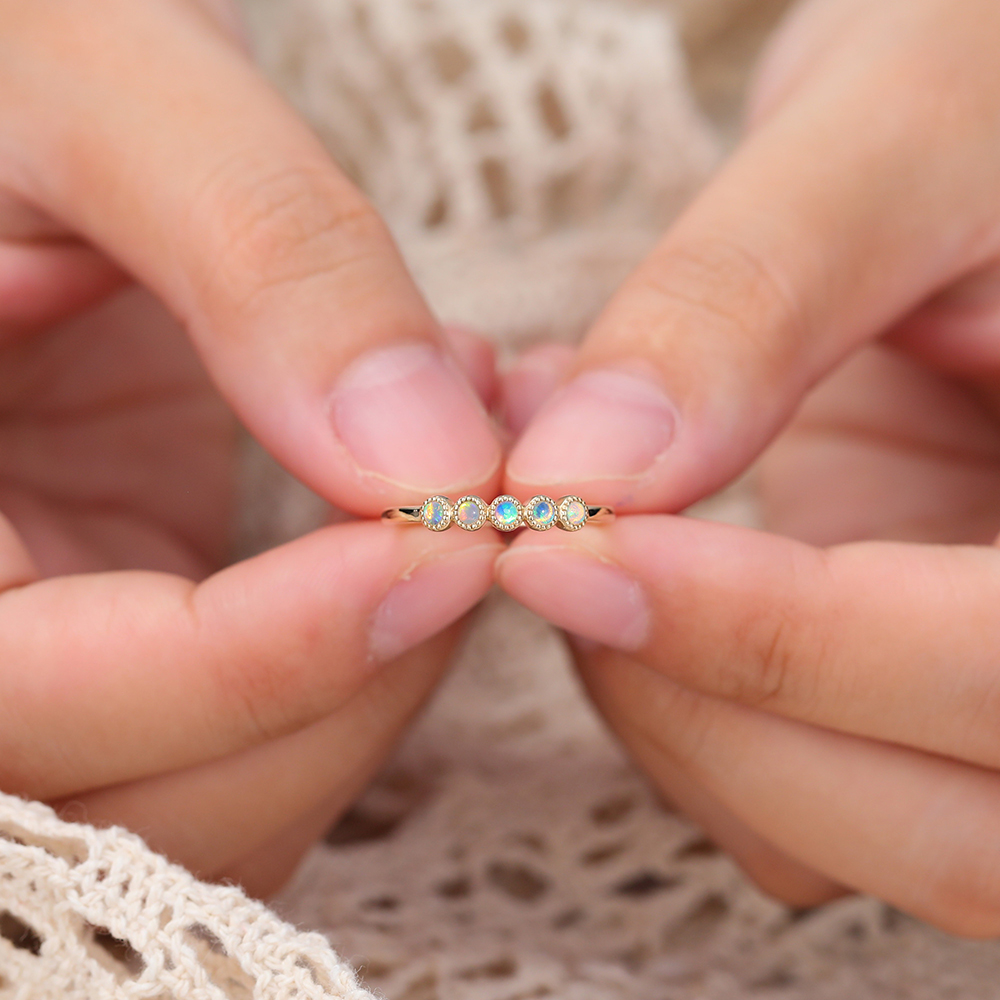 Exquisite 14K Yellow Gold Bezel Opal Wedding Band Anniversary Stacking Ring