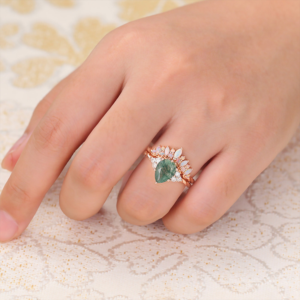 Juyoyo Pear Moss Agate Engagement Ring and Opal Wedding Band