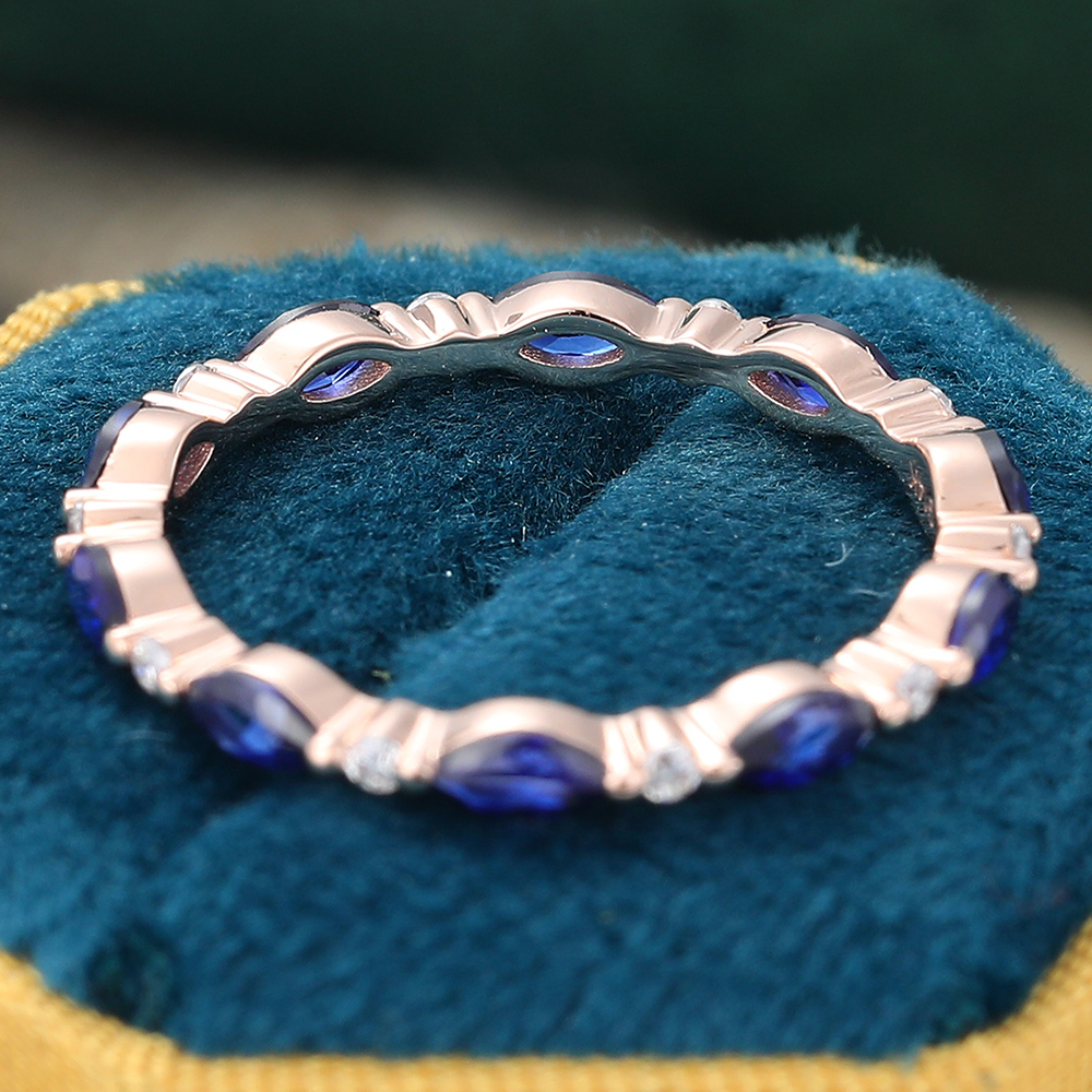 Sapphire & Diamond Eternity Wedding Band Rose Gold Stacking Ring September Birthstone