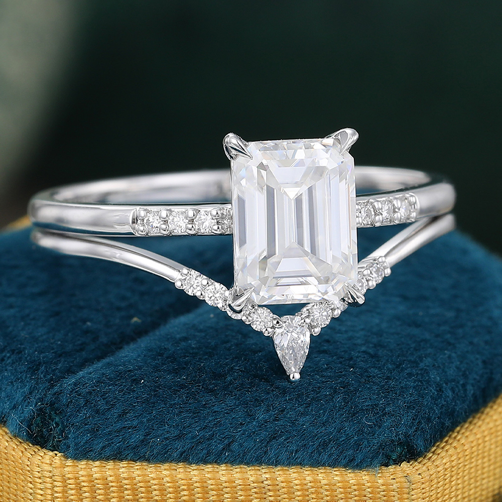 Vintage Emerald Cut Moissanite Engagement Ring Set Solid 14K White Gold Bridal Set - 2pcs