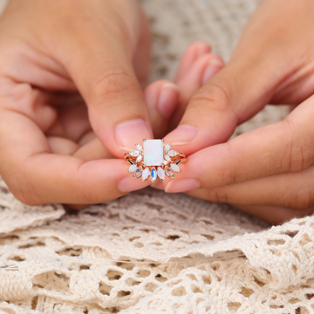 Emerald Cut Opal Bridal Ring Set with Moonstone Wedding Band Set in 14K Rose Gold - 2pcs