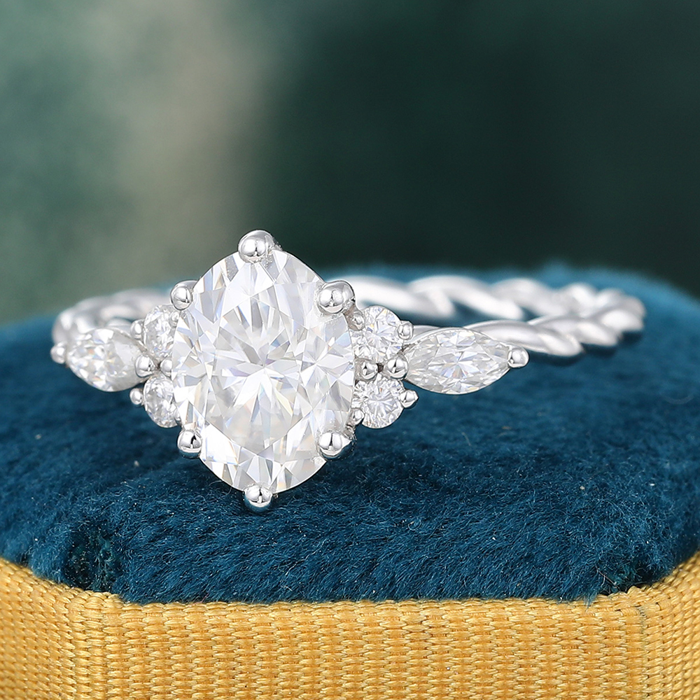 Juyoyo Oval Cut Moissanite and Diamond Cluster Engagement Ring in 14K White Gold