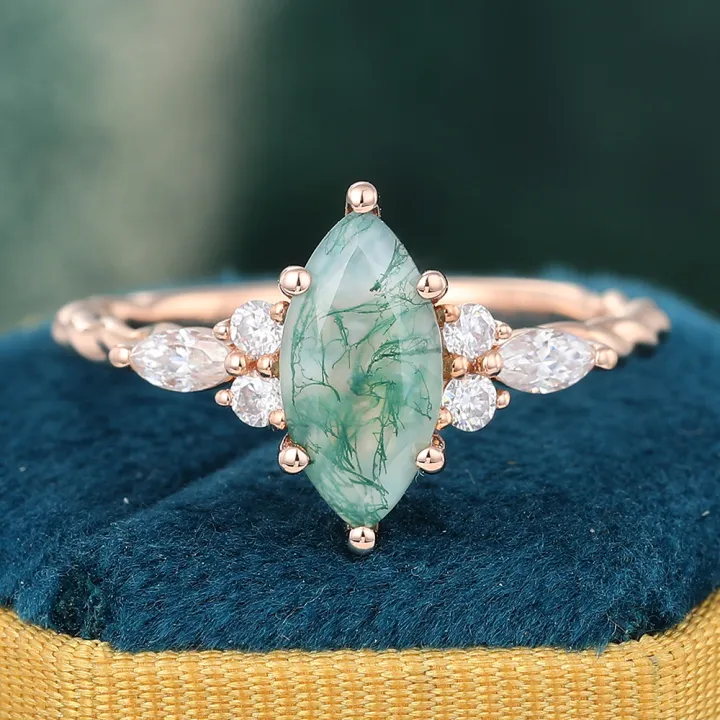 Juyoyo Marquise Cut Moss Agate Ring Twisted Rose Gold
