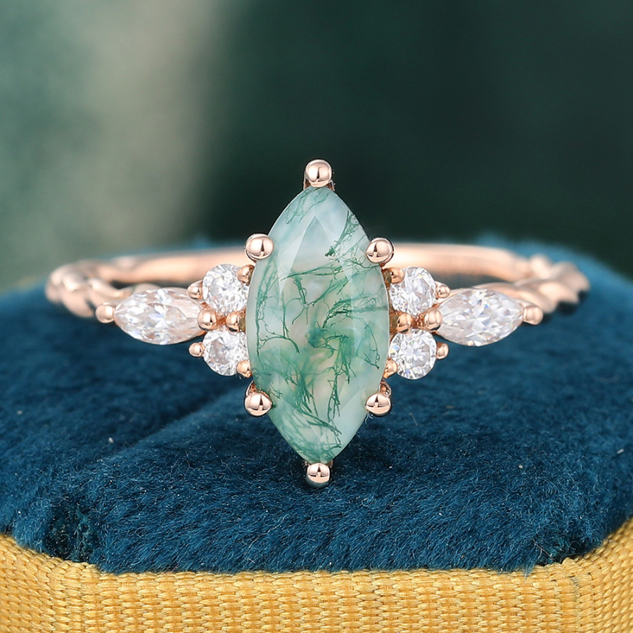 Marquise Cut Moss Agate Ring Twisted Rose Gold