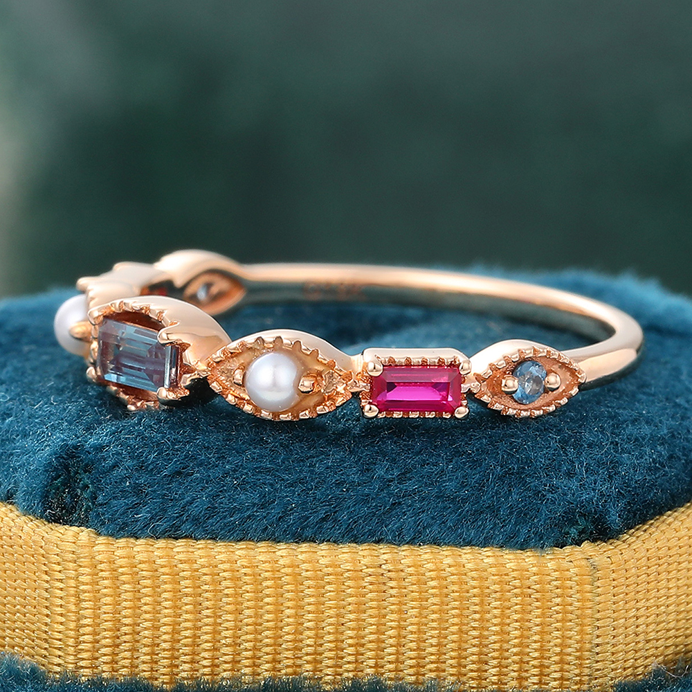 Juyoyo Muti Gemstone Ring Lab Alexandrite & Ruby & Pearl Ring