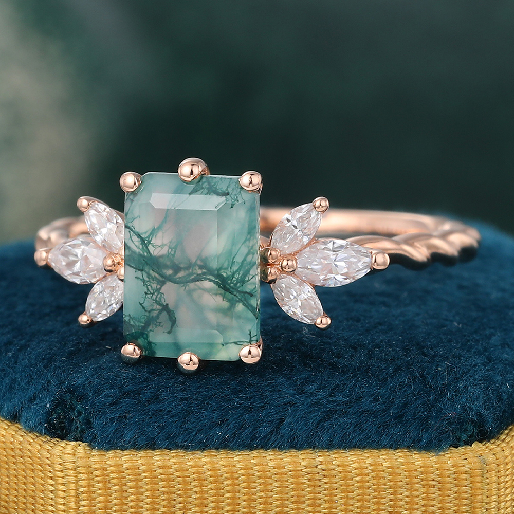 Nature Inspired Emerald Cut Moss Agate Twisted Ring with Moissanite Accents