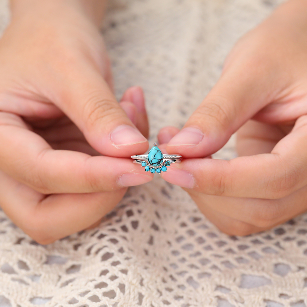 Juyoyo Vintage Turquoise Ring Set 14K White Gold Wedding Ring Set December Birthstone Gift - 2pcs