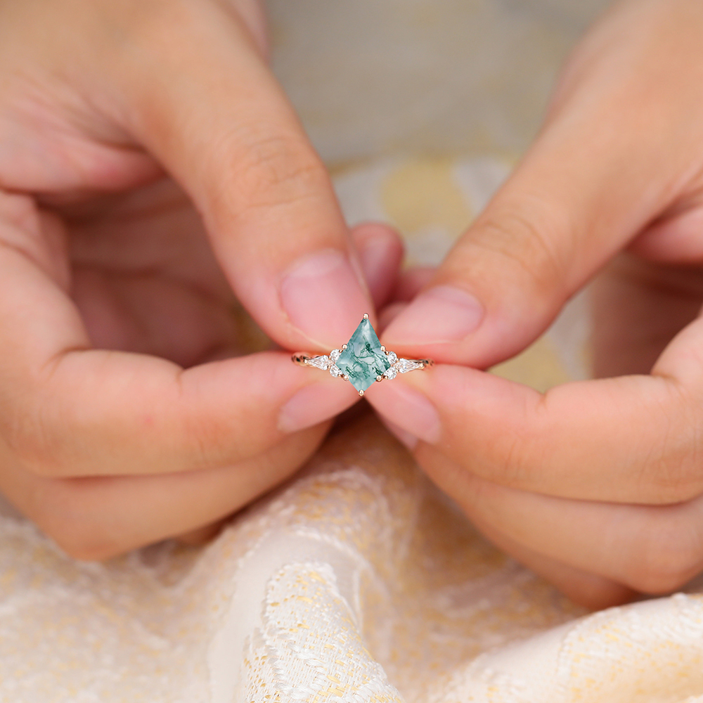 Kite Shaped Moss Agate Twisted Engagement Ring