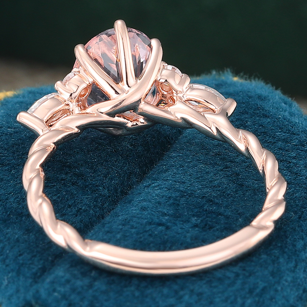 Juyoyo Twisted Oval Cut Morganite Side Stone Engagement Ring with Diamond Accents