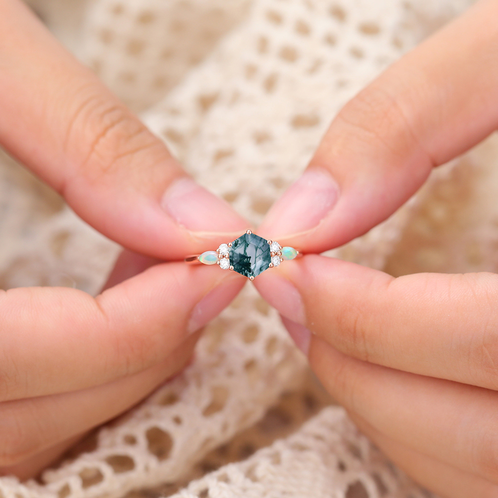 Juyoyo Vintage Hexagon Cut Moss Agate Ring Rose Gold
