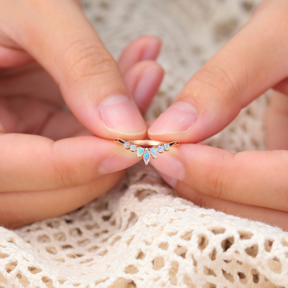 Juyoyo Marquise Cut Opal Rose Gold Curved Wedding Band